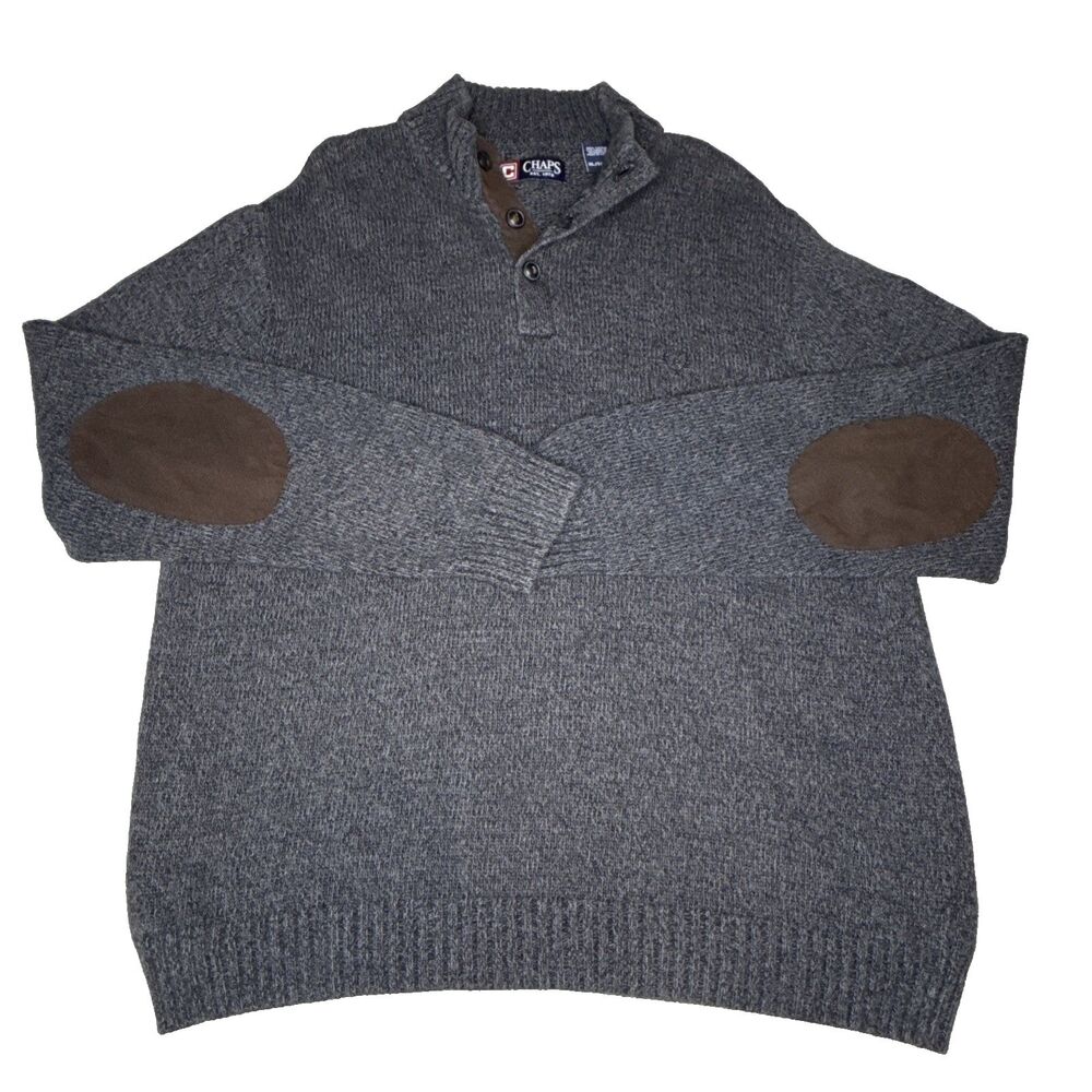 Chaps Mens XL Gray Pullover Henley Sweater Brown Suede Elbow Patches Cotton